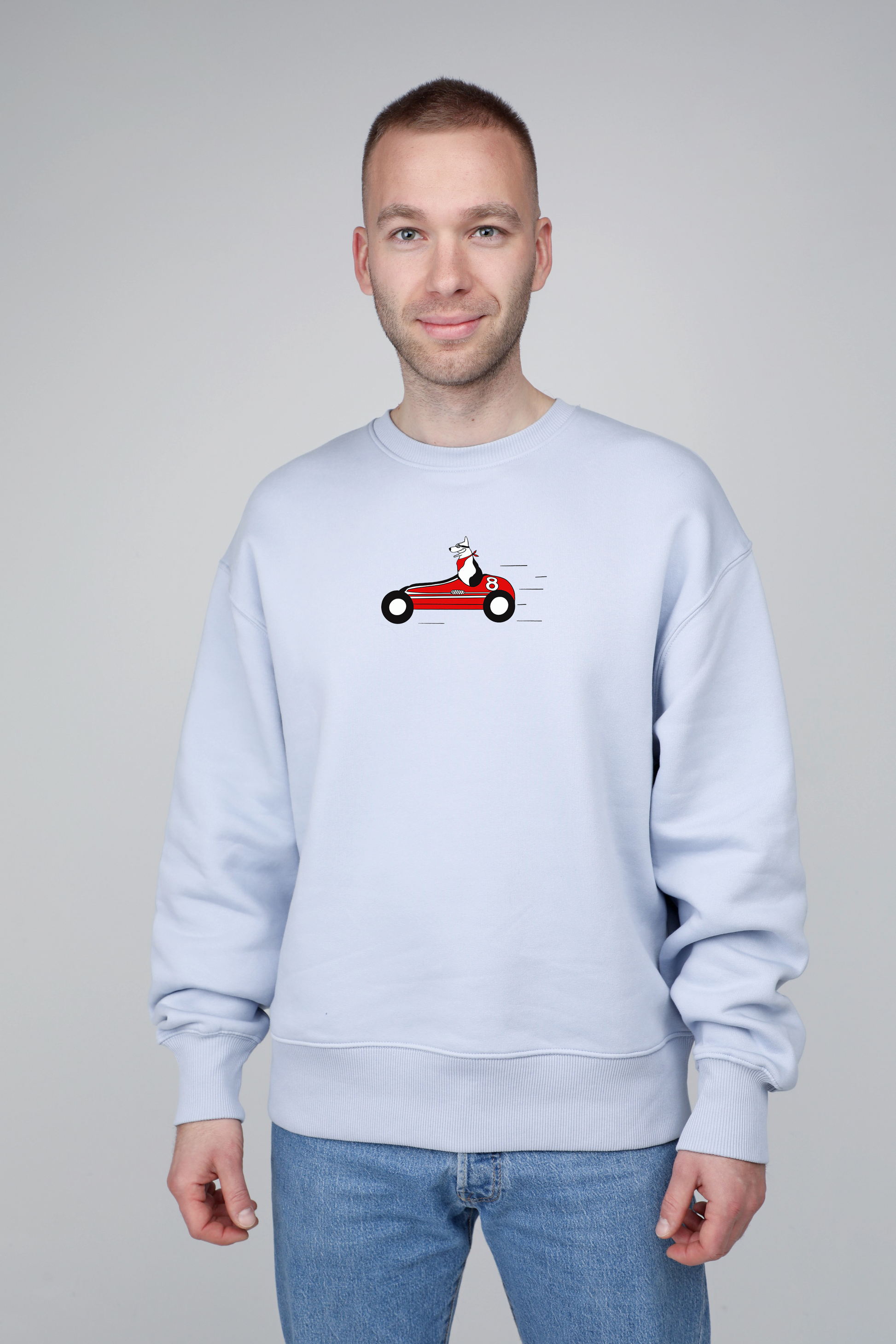 Retro racer dog | Crew neck sweatshirt with dog. Oversize fit | Unisex | animalistus