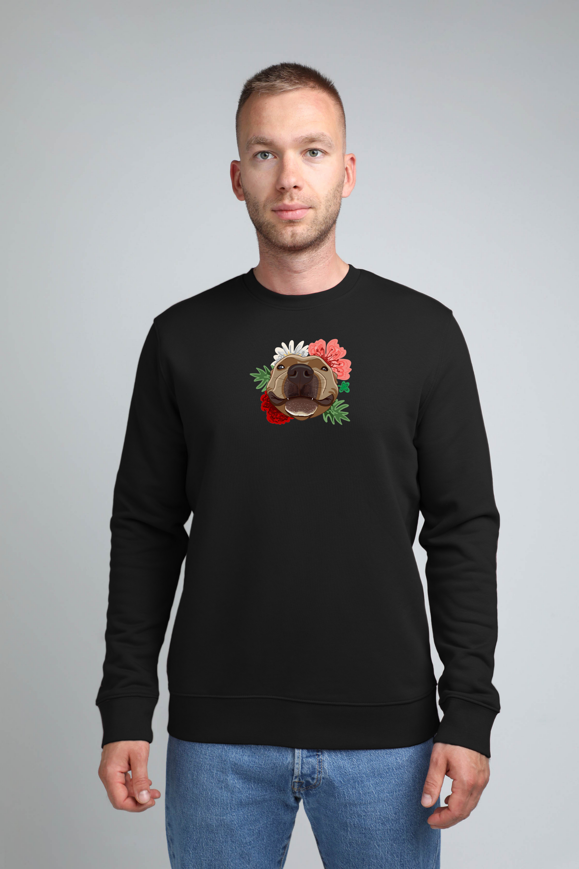 Serious dog with flowers | Crew neck sweatshirt with dog. Regular fit | Unisex - premium dog goods handmade in Europe by animalistus
