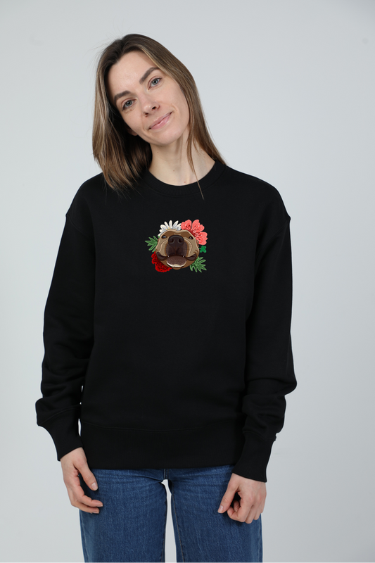 Serious dog with flowers | Crew neck sweatshirt with dog. Oversize fit | Unisex | animalistus