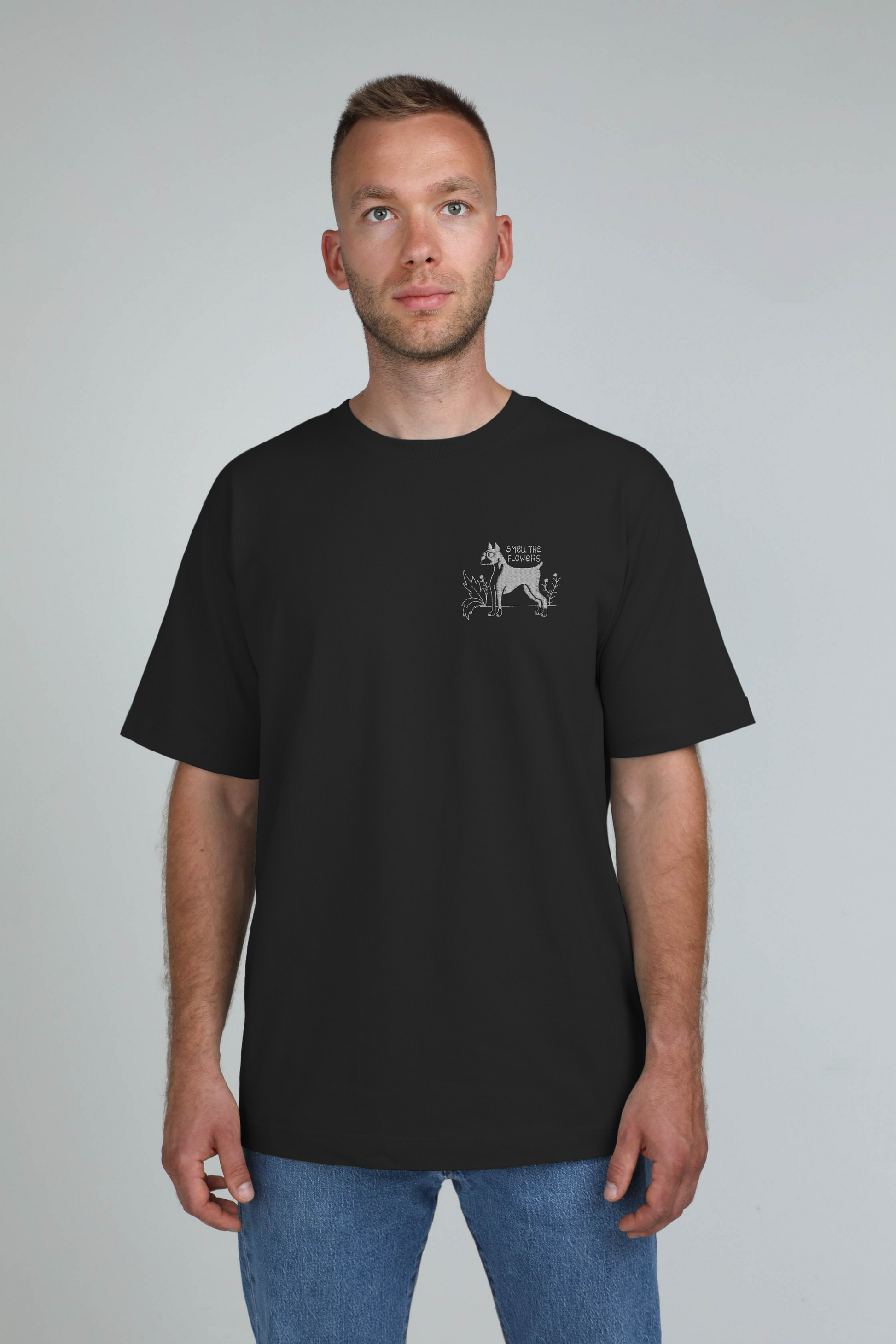 Smell the flowers | Heavyweight T-Shirt with embroidered dog. Oversized | Unisex | animalistus