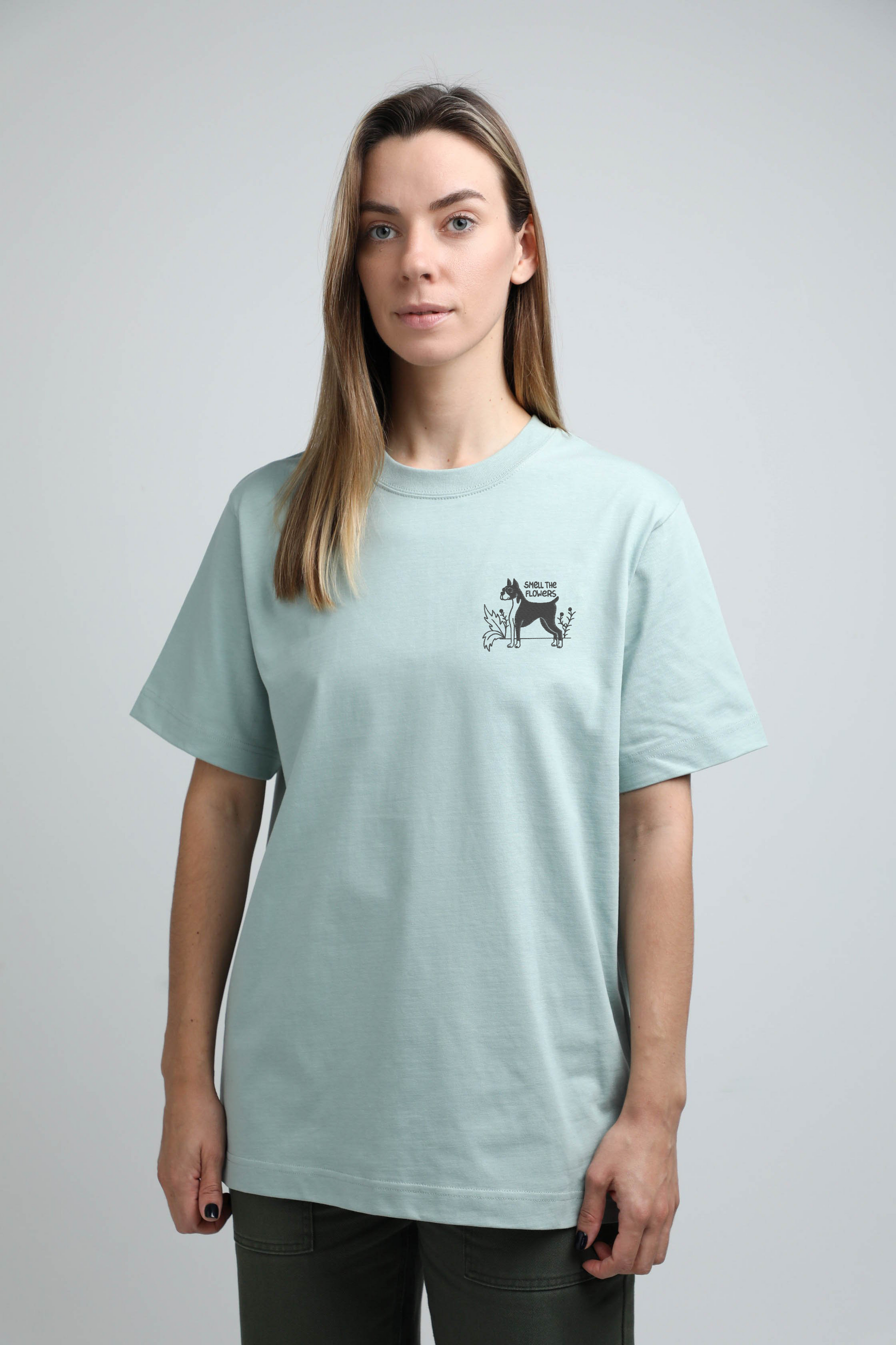 Smell the flowers | Heavyweight T-Shirt with embroidered dog. Oversized | Unisex | animalistus