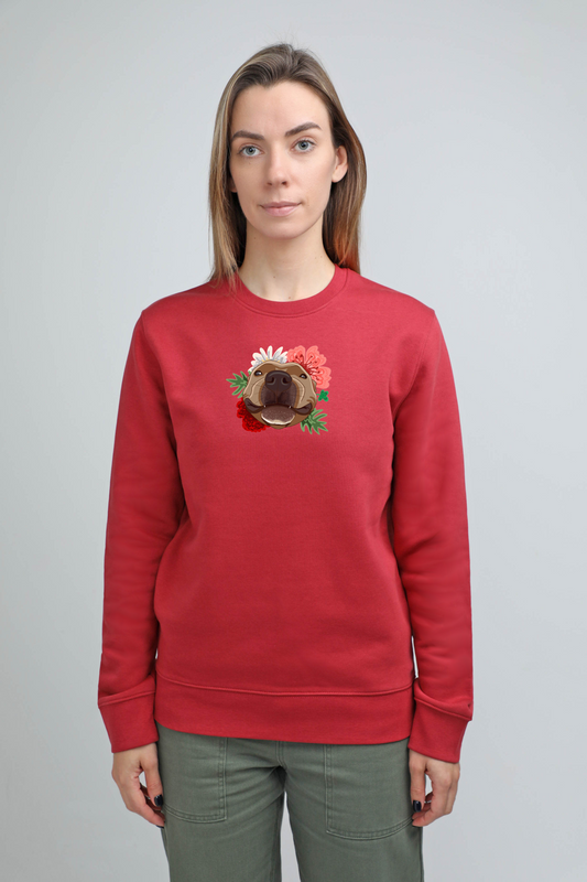 Serious dog with flowers | Crew neck sweatshirt with dog. Regular fit | Unisex | animalistus