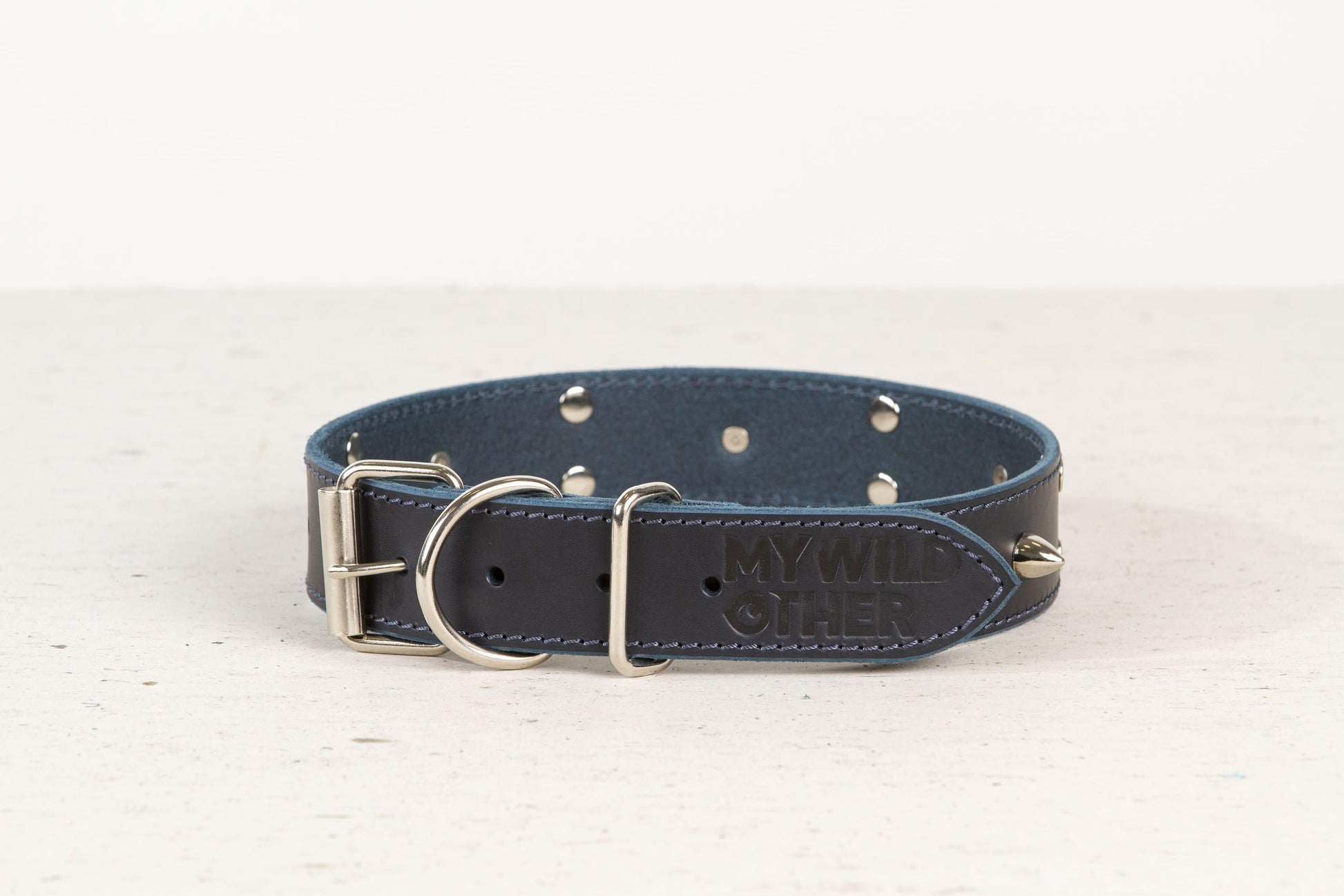 Handmade blue leather STUDDED dog collar | animalistus