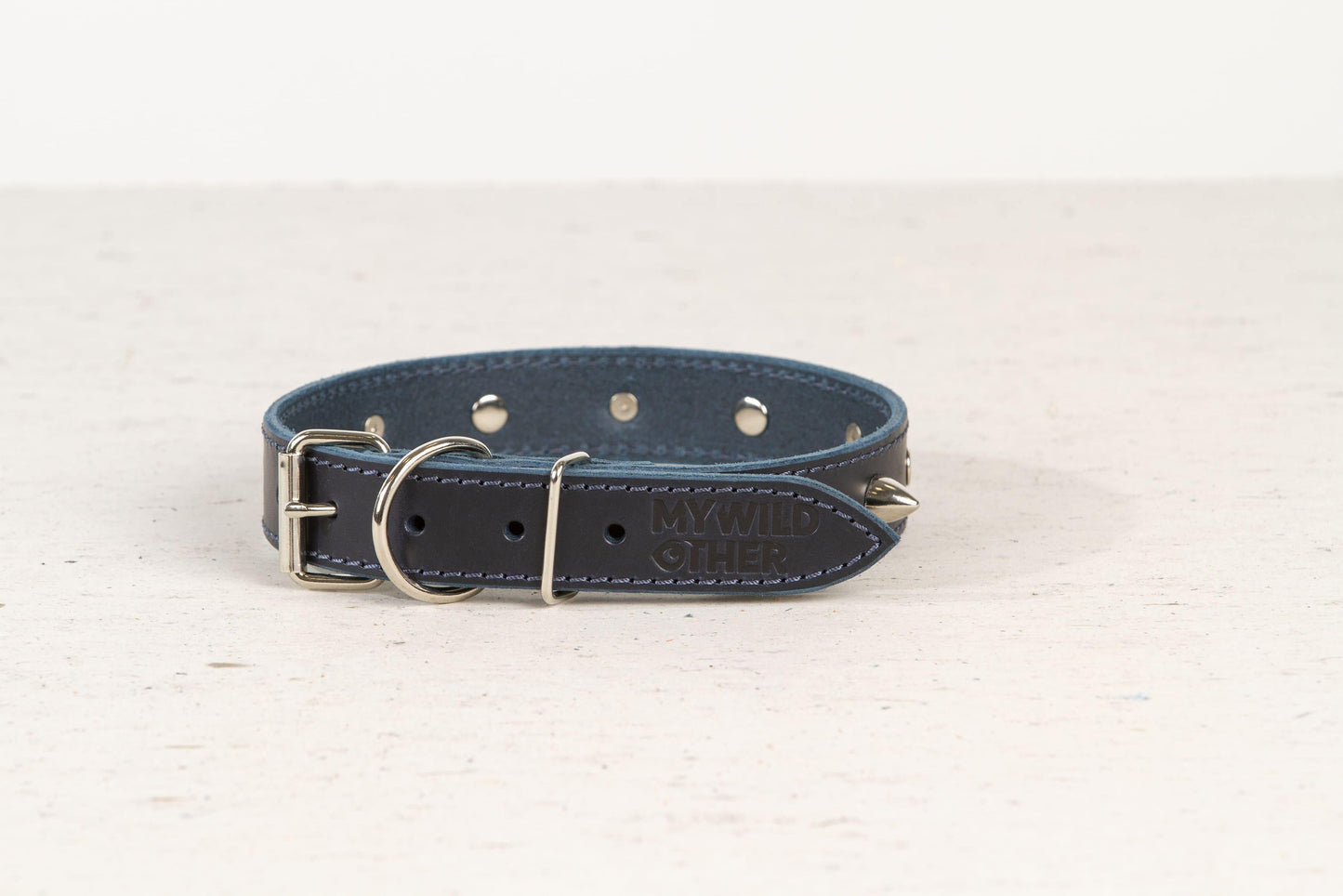 Handmade blue leather STUDDED dog collar | animalistus